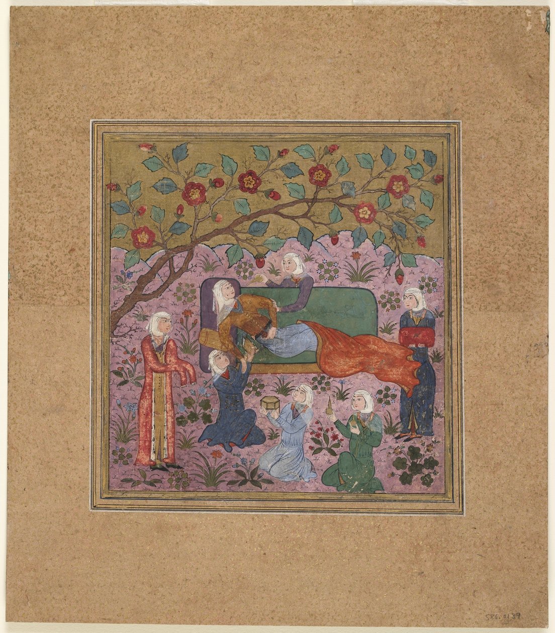 Folio from a Shahnama (Book of Kings) od Firdawsiho († 1020); Ležící žena obklopená dozorci (neprůhledný akvarel, inkoust a zlato na papíře) od Indian School