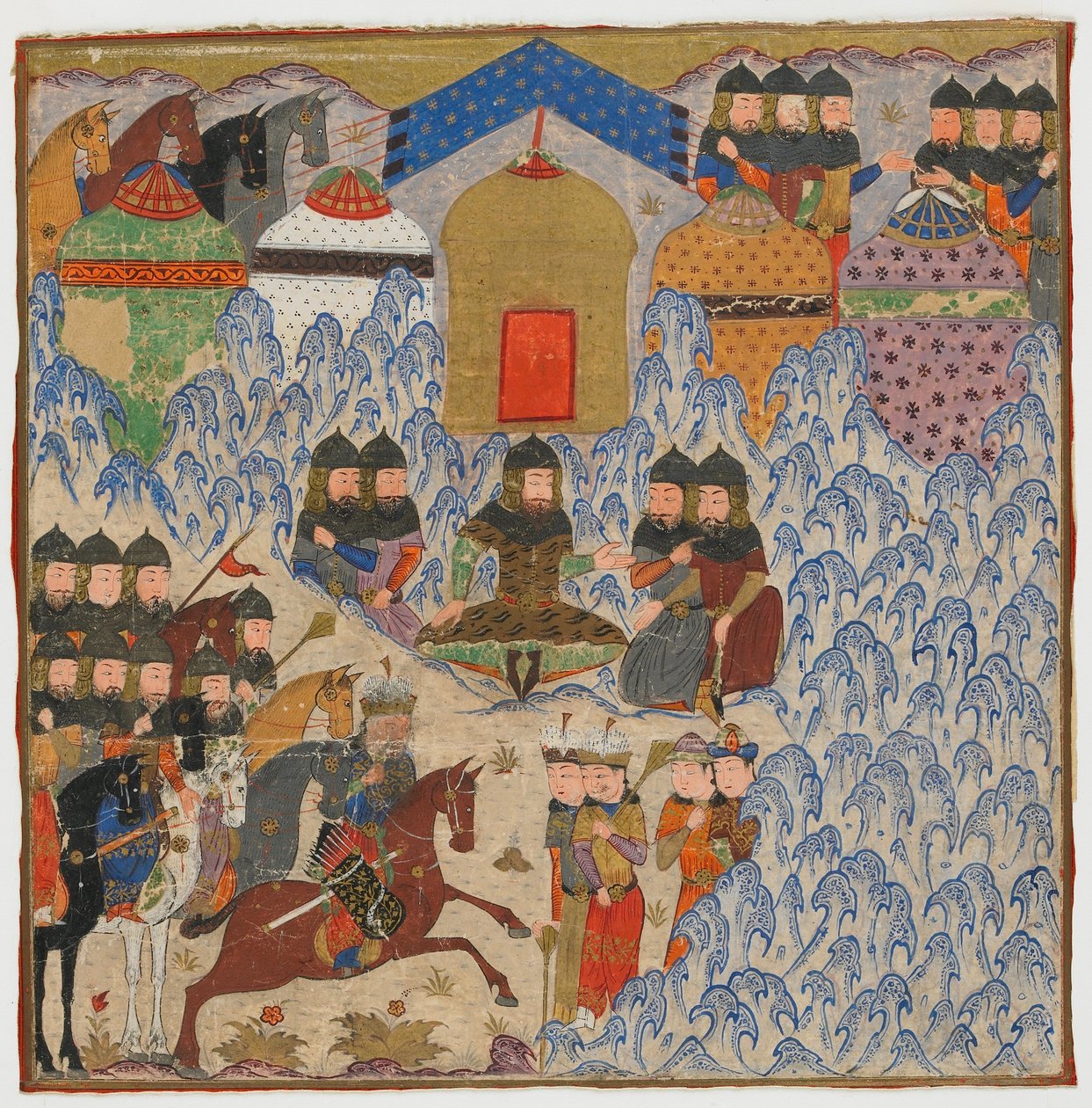 Folio from a Shahnama (Book of Kings) od Firdawsiho († 1020); Rustam Encamped, možná Indie, cca 1425-50 (neprůhledný akvarel a zlato na papíře) od Indian School