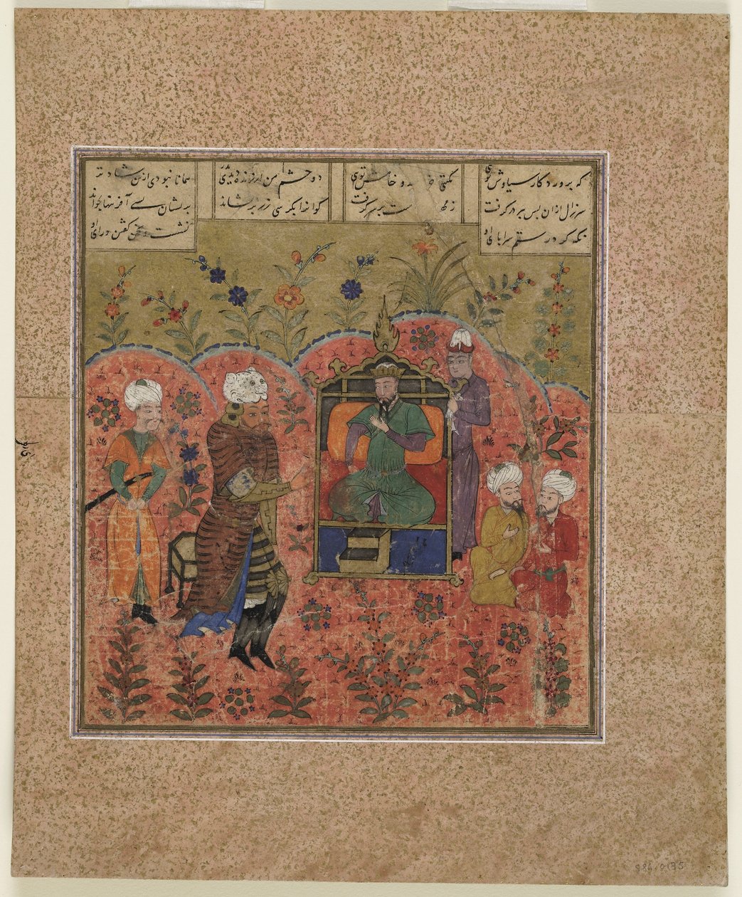 Folio ze šahnámy (Knihy králů) od Firdawsiho (zemř. 1020); Rustam před Kay Kausem (neprůhledný akvarel, tuš a zlato na papíře) od Indian School