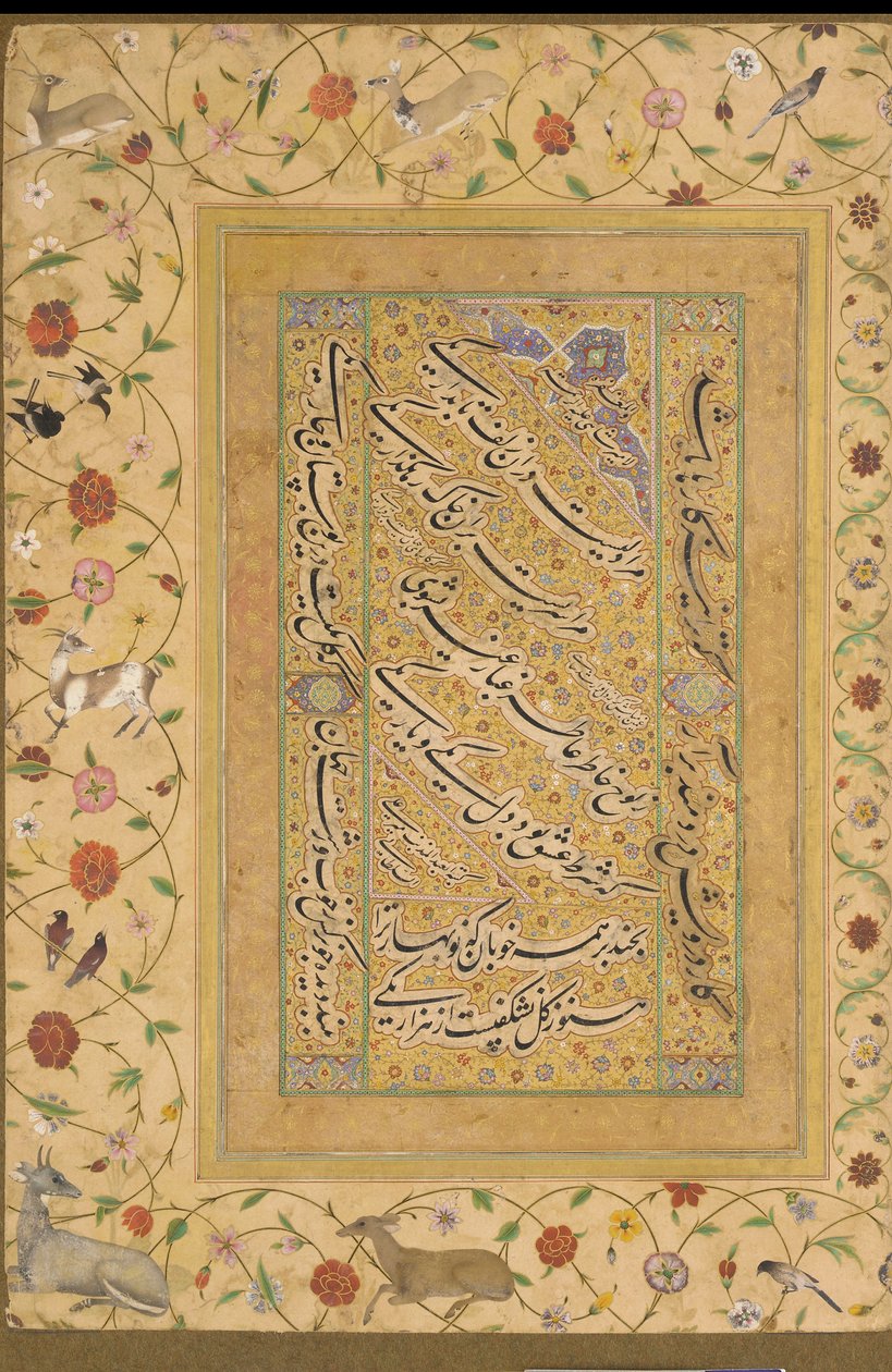 Folio z alba Late Shahjahan (Báseň od Amira Shahiho) Indie, dynastie Mughalů (neprůhledný akvarel, inkoust a zlato na papíře) od Indian School