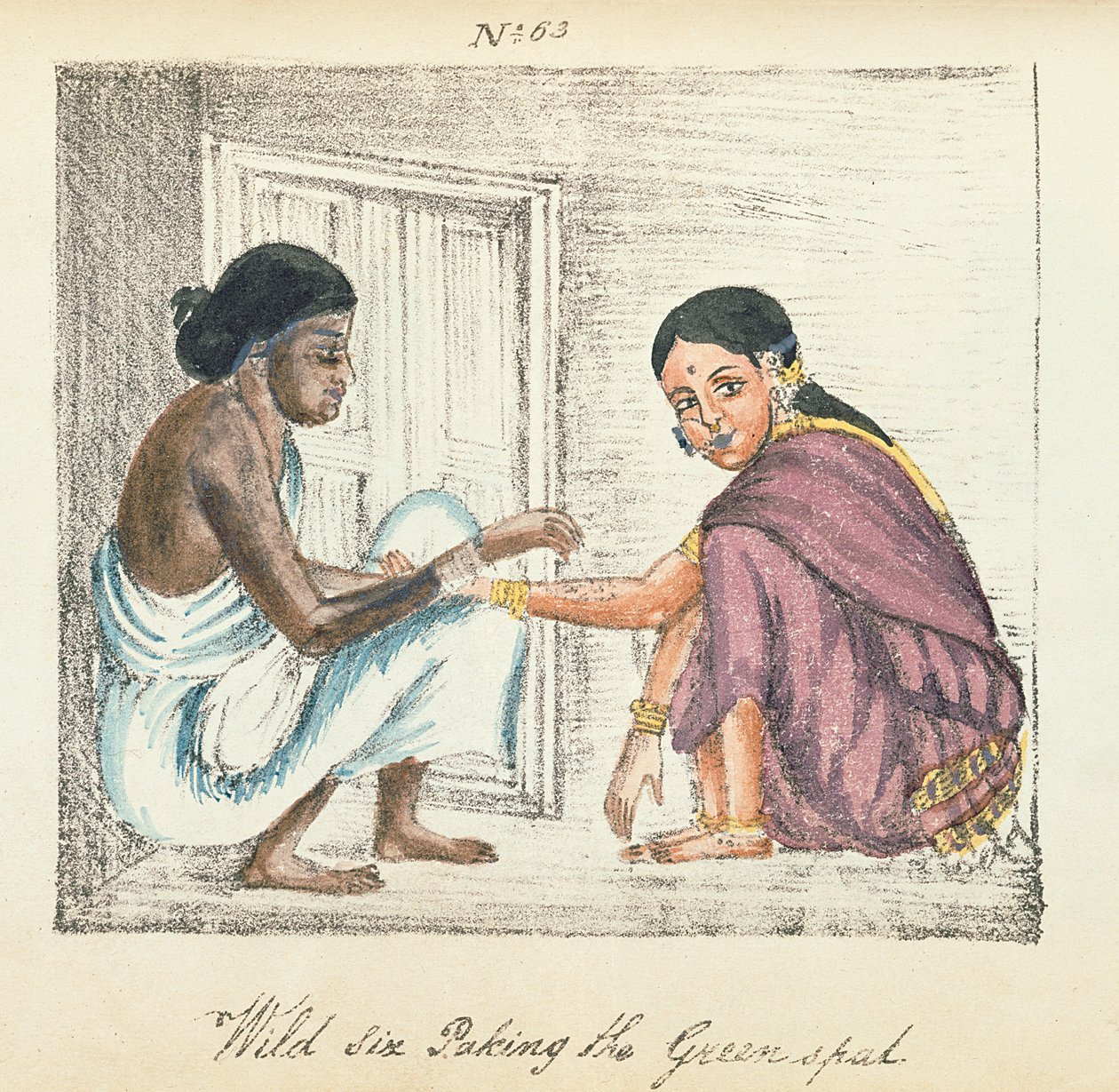 Věštkyně a žena, ze „Sbírka různých kast Indie“, od Venkata Ramasvani, publikoval Madras 1837 (barevné lito) od Indian School