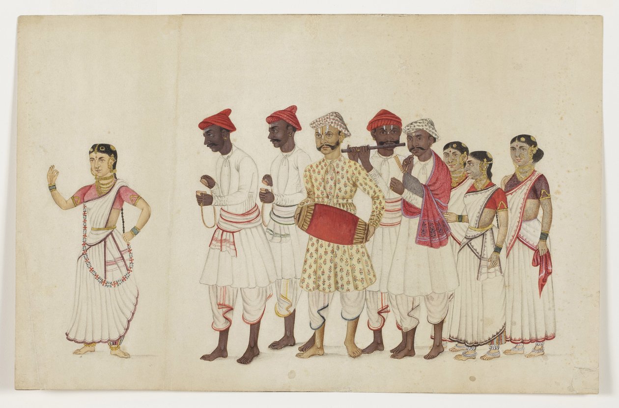 Čtyři tanečnice v průvodu s hudebníky, kolem roku 1830 (neprůhledné wc a zlato na papíře) od Indian School