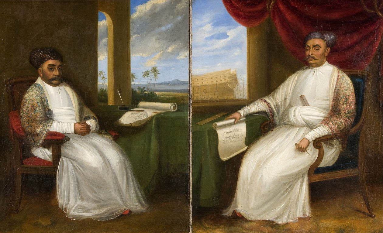 Celovečerní portrét parsiského mistra-stavitele lodí Jamsetjee Bomanjee a jeho syna Nourojee Jamsetsee, 1830 od Indian School