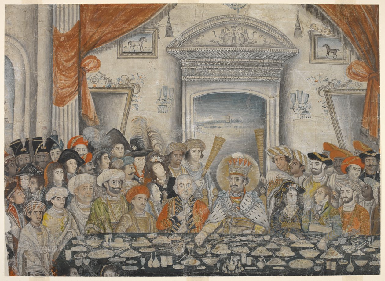 Ghazi-al-din Haidar (nawab a po roce 1819 král Oudhu 1814-27), který ve svém paláci pořádá hostinu pro lorda a lady Moiru, asi 1820-22 (rukopis) od Indian School