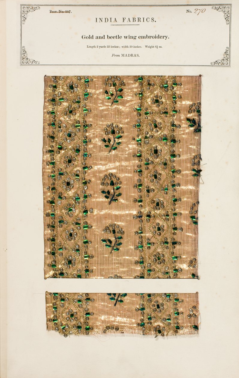 Vzorek výšivky zlatých a broučích křídel z Madrasu, z „The Collection of the Textile Manufacturers of India“, od Johna Forbese Watsona, publikované v roce 1866 (kombinovaná média) od Indian School