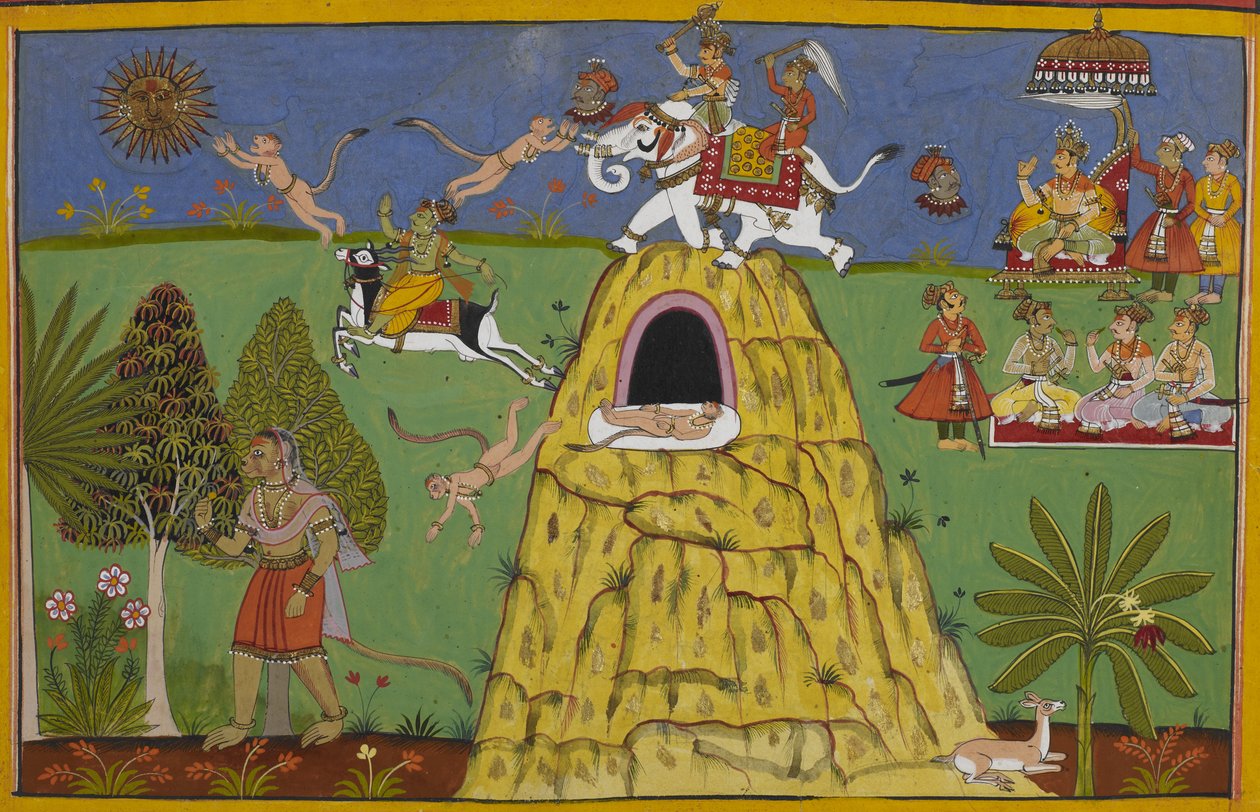 Hanuman skočí za sluncem, Indra ho zasáhne a způsobí jeho pád. od Indian School