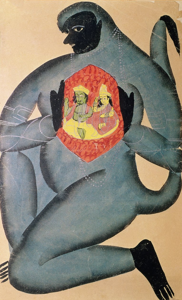 Hanuman odhalující Rámu a Sítu zakotvené v jeho srdci, namaloval člen kasty Patua, 1880 od Indian School
