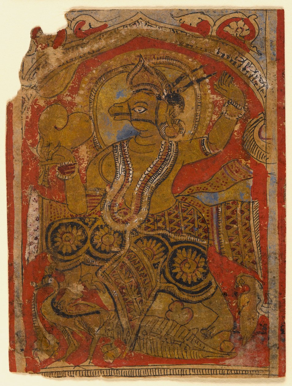 Mahavira káže ve svatyni Ginashilaka, list z rozptýleného džinistického rukopisu Kalpasutry (wc a zlato na papíře) od Indian School