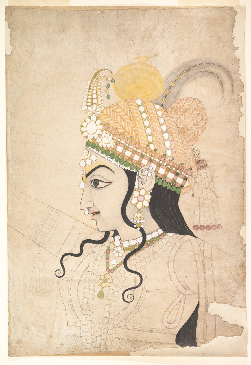 Hlava Krišny: karikatura pro nástěnnou malbu Raslila, kolem roku 1800 (tuš a akvarel na papíře) od Indian School