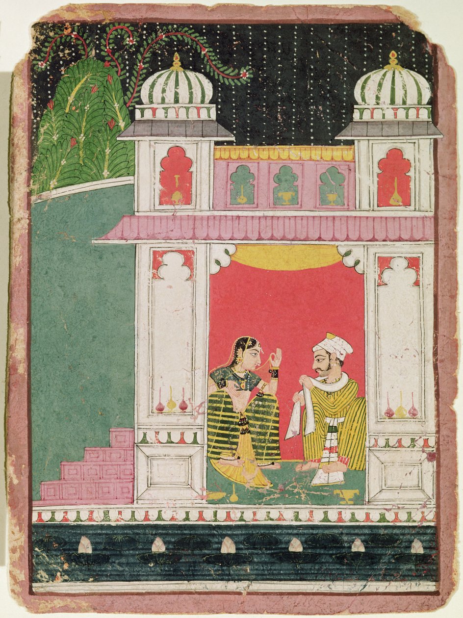 Hrdinka a její milenec v pavilonu, asi 1640-50 (tuš a čb na papíře) od Indian School