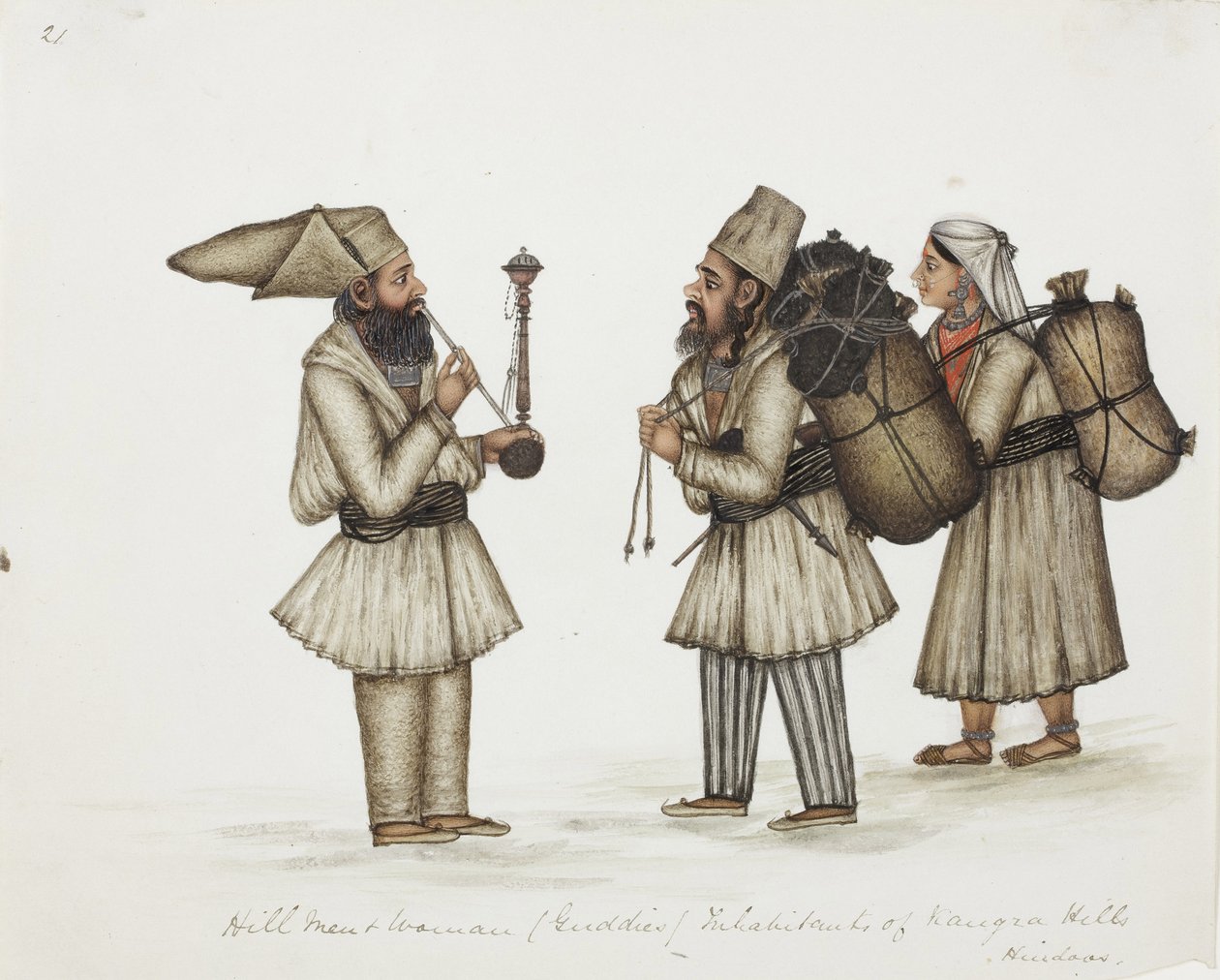 Hill Men and Woman (Guddies) Obyvatelé Kangra Hills Hindoos, kolem roku 1840 (neprůhledné wc na papíře) od Indian School