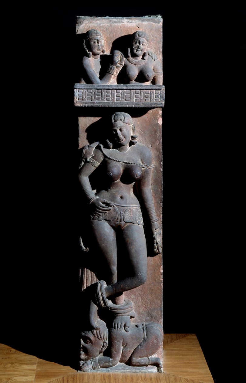 Hinduismus: reprezentace jakského (jakského) ducha přírody, s papouškem, stojí na trpaslíkovi - (jaksi s papouškem, stojí na trpaslíkovi) Mathurova socha, gres (mathurská socha, pískovec) 2. stol. 2. století) Kalkata, indická múza od Indian School