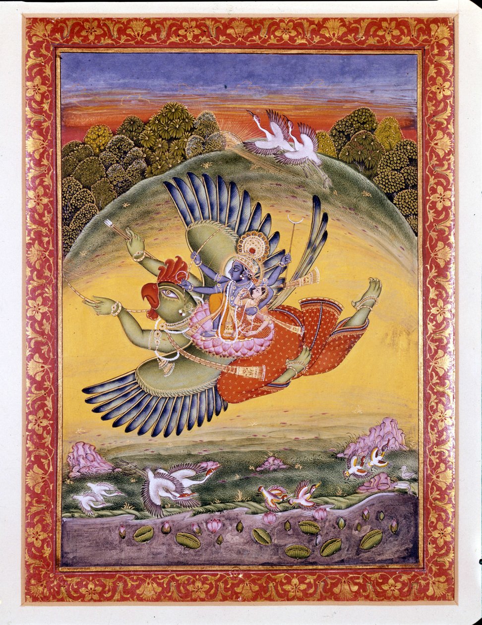 Hinduismus: zobrazení ptáka Garuda nesoucího Višnua (nebo Višnua), velkého hinduistického božstva a jeho manželky Lakhmi od Indian School