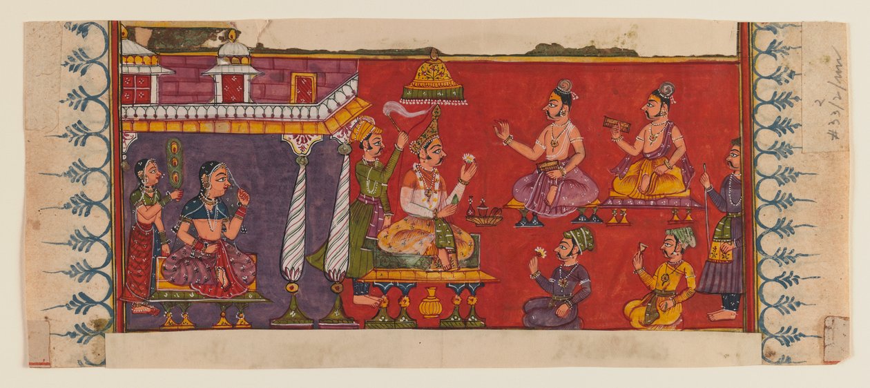 Holymen a Courtiers se shromáždili před princem (neprůhledné wc a zlato na papíře) (viz 406509 pro recto) od Indian School
