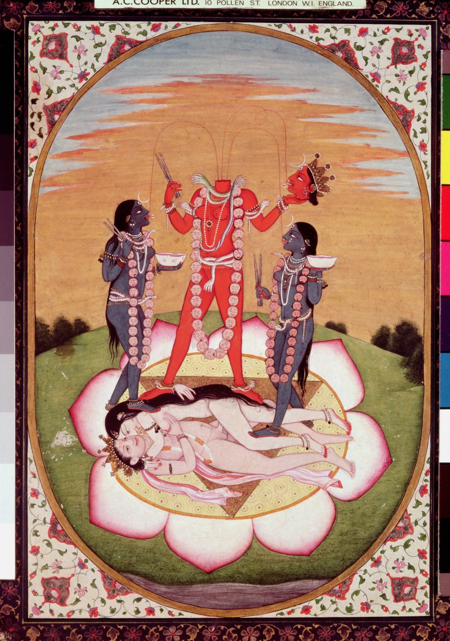 Ikona Chinnamasty, Mahavidya vycházející ze spojených těl původního páru, Kangra, kolem roku 1800 (kvaš na papíře) od Indian School