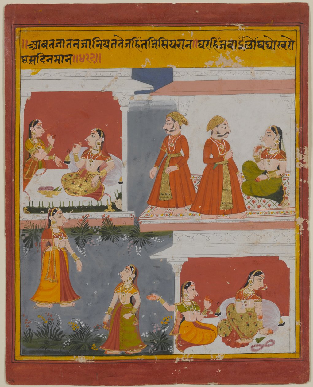 Ilustrace z rukopisu Bihari Satasai, počátek 18. století (neprůhledné wc a zlato na papíře) od Indian School