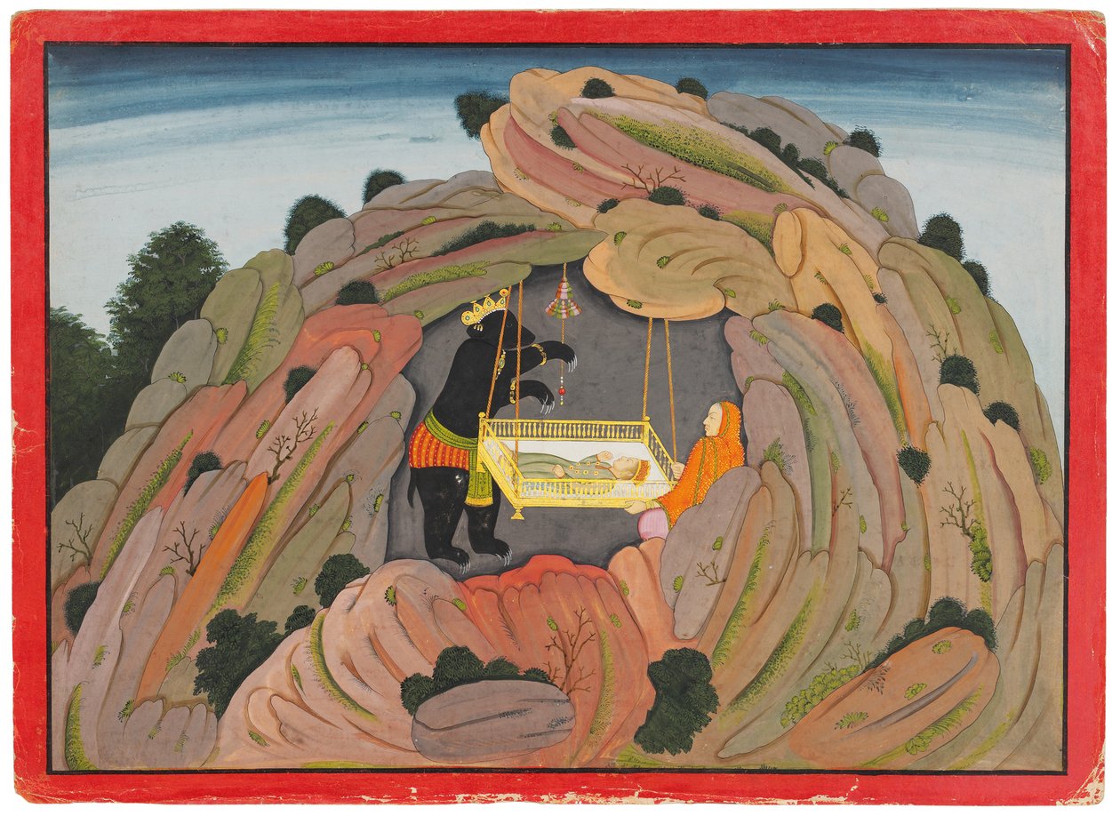 Ilustrace k Bhagavata Puraně: Jambavan dává drahokam Symantaka své dceři, aby si hrála, kolem 1760-65 od Indian School