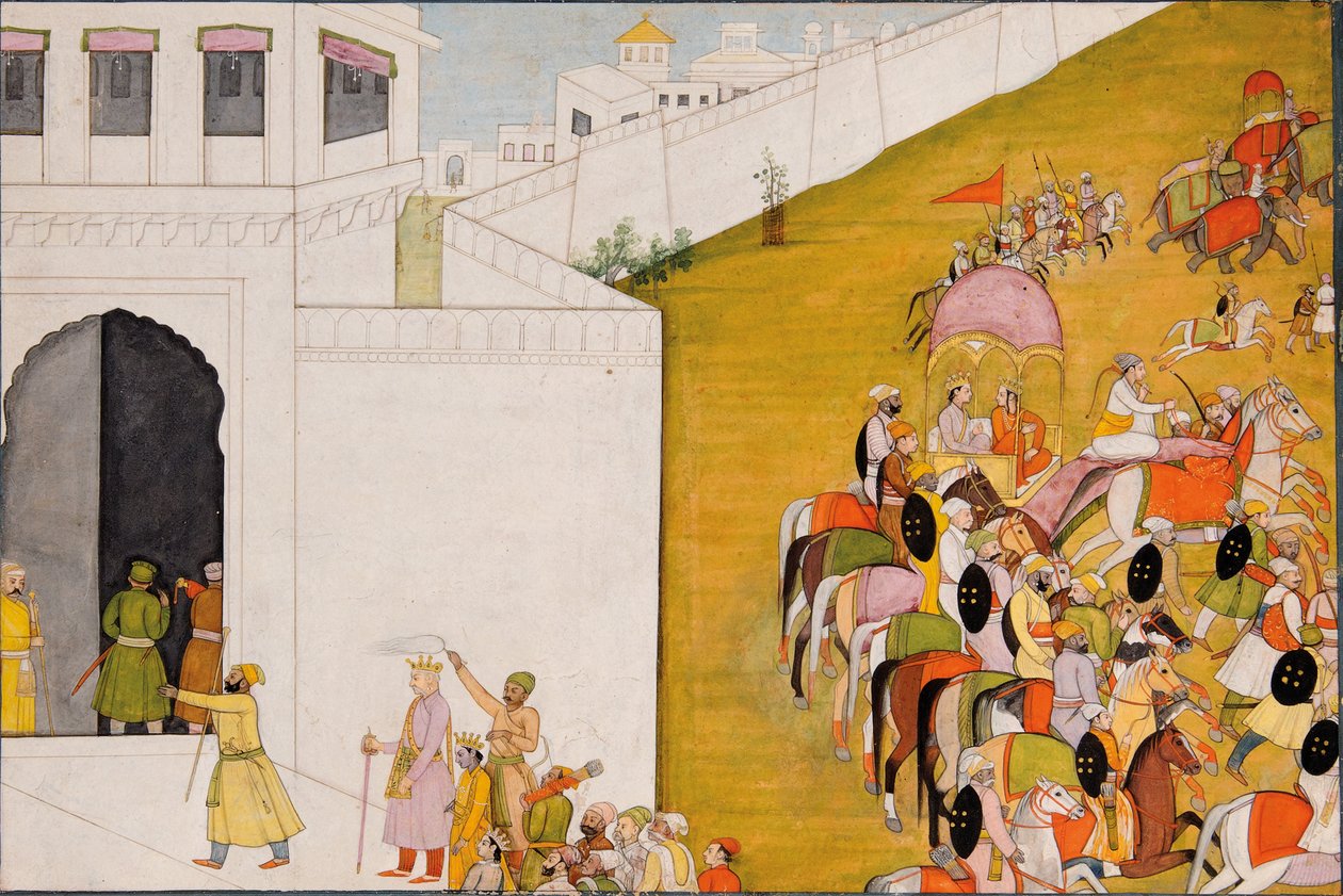 Ilustrace k Rámajáně: Ráma vstupuje do Mithily, aby provedl soutěž v lukostřelbě, kolem 1775-80 od Indian School