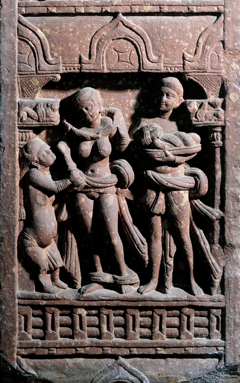 Indické umění: Sundernanda (Nanda) pomáhá Sundari na záchodě. Období Kochne (Kushan a Kushan) od Indian School