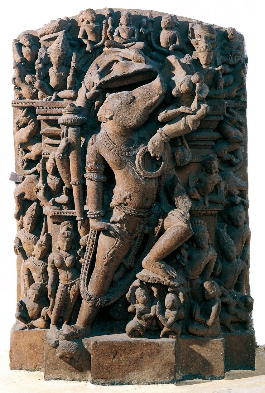Indické umění: hinduistický božský Višnu v podobě kance. Z Khajuraho, Indie. Chandela období od Indian School
