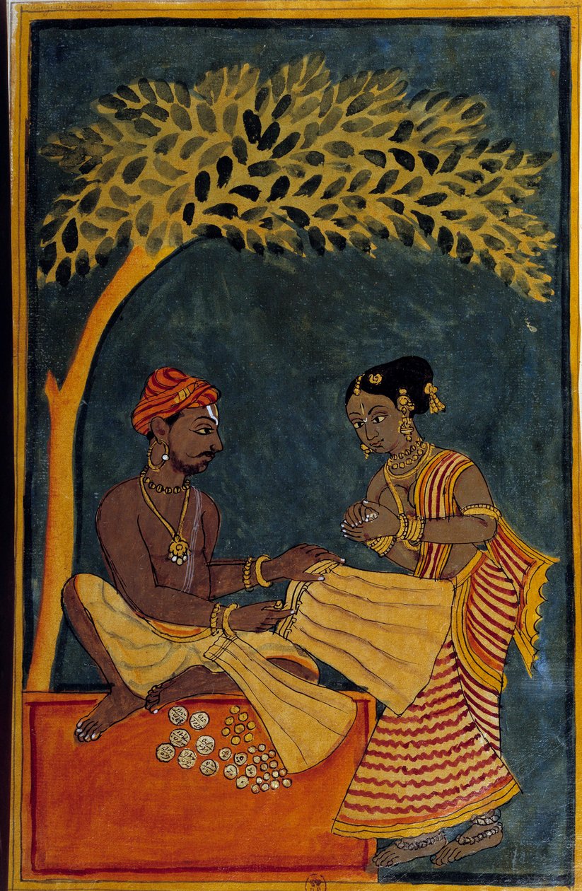 Indické umění: obchodník s látkami. Akvarel kolem roku 1760. Paříž, B.N. od Indian School