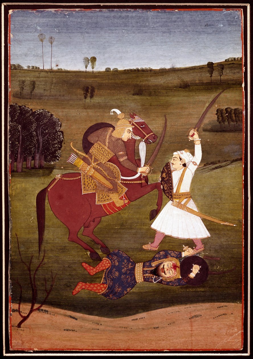 Indické umění: „“bitva mezi princem na koni a válečníkem“““ Démon ležící na zemi. Miniatura školy Bikaner. 1765 Soukromá sbírka od Indian School