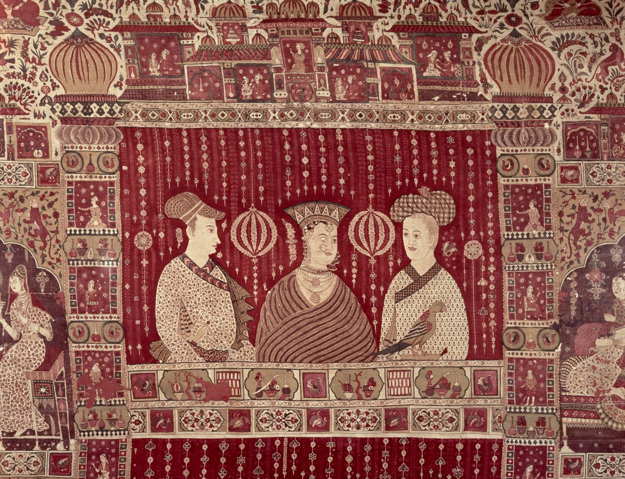 Indka s evropskými obchodníky, region Madras, Ahmedabad (malovaná bavlna) od Indian School