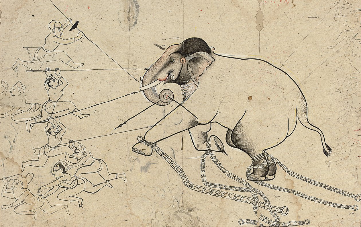 Isarda nebo kotah přípravná kresba zkrocení slona, kolem roku 1720 od Indian School