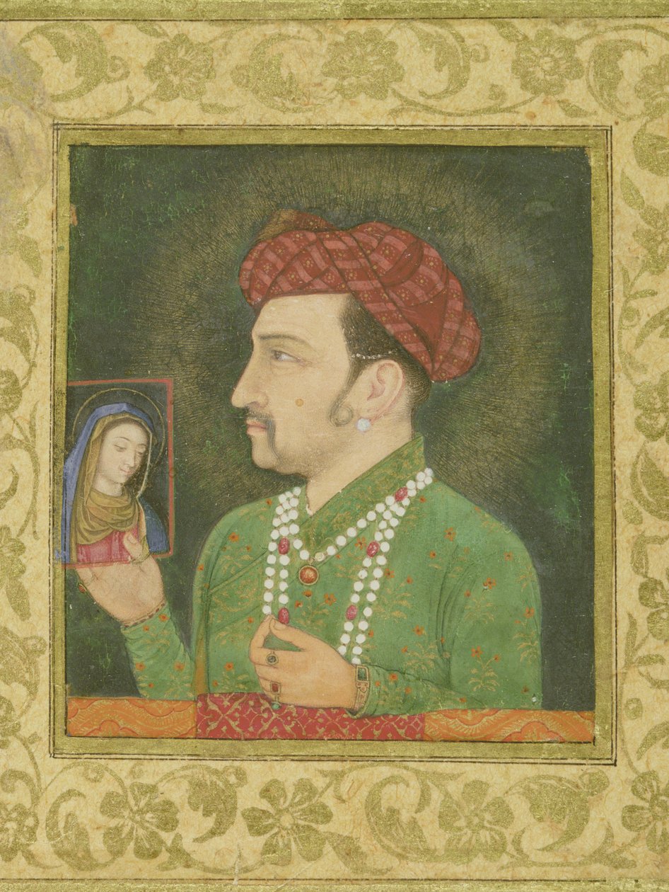 Džahángír drží obraz Madony s nápisem v perštině: Janhangir Shah, Mughal od Indian School