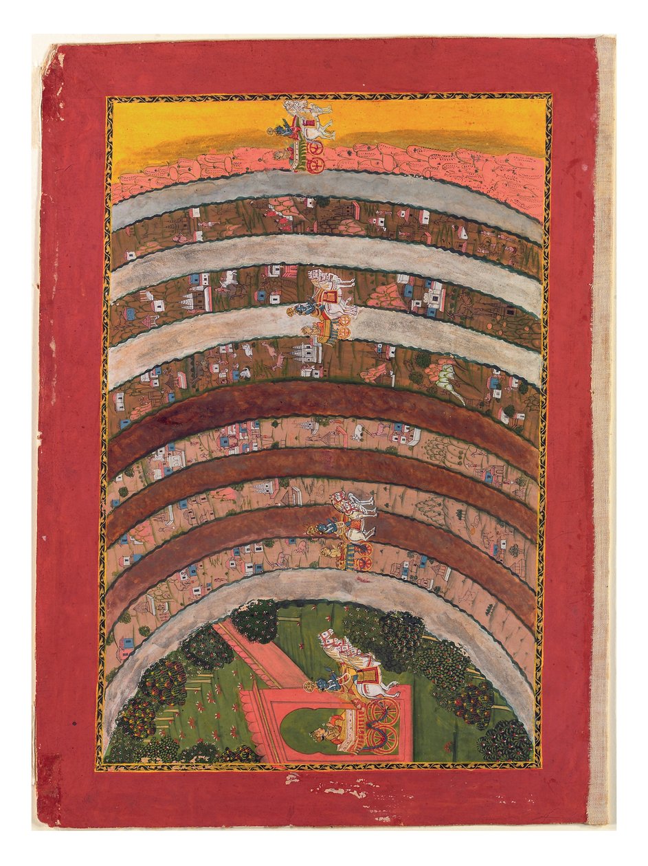 Putování neznámými zeměmi, z cest Krišny v jeho voze, kolem roku 1750 (neprůhledné wc, zlato a stříbro na papíře) od Indian School