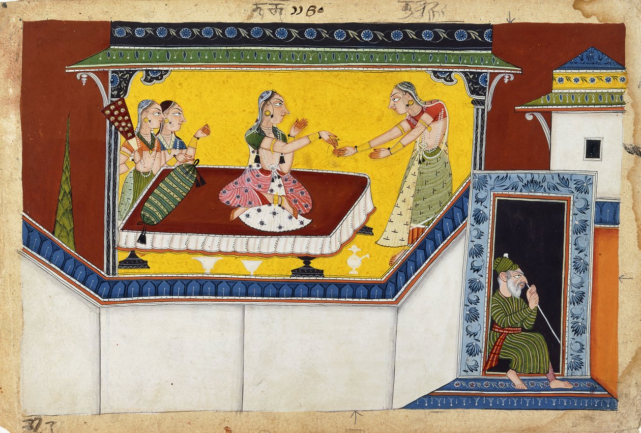 Kaikeyi, druhá královna krále Dasaratha, Odměňování hrbaté služebnice Manthara, kolem 1690-1700 od Indian School