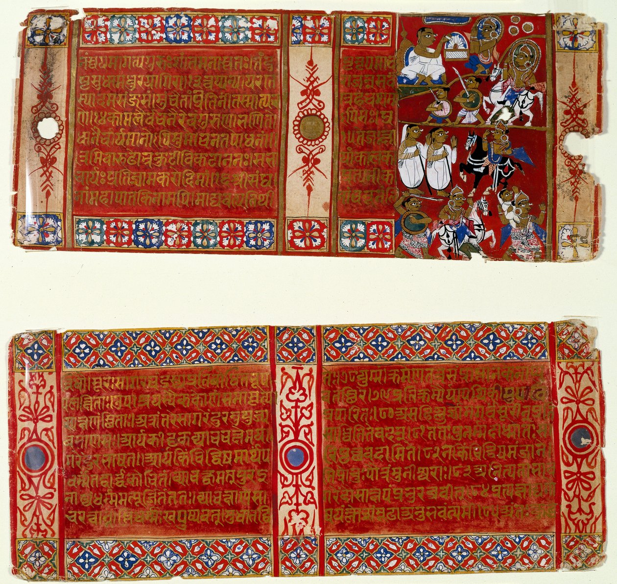 Kalaka se stává džinistickým mnichem; Kalaka unes the Nun, dva listy z rozptýleného džinistického rukopisu Kalakacharya-katha, Uttar Pradesh, kolem 1465 (wc a zlato na papíře) od Indian School