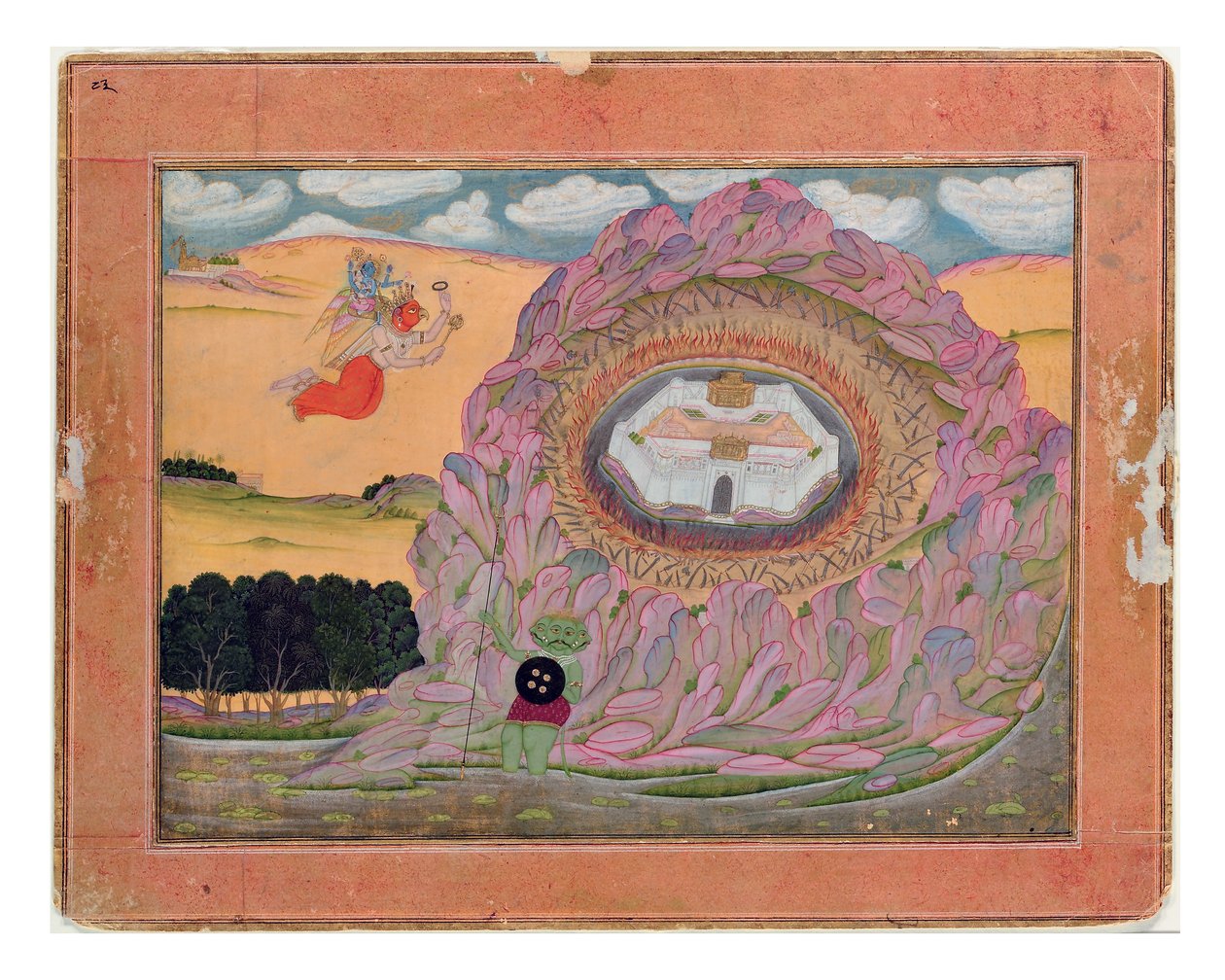 Krišna se blíží k Citadele Naraka, kolem roku 1710 (neprůhledné wc a zlato na papíře) od Indian School