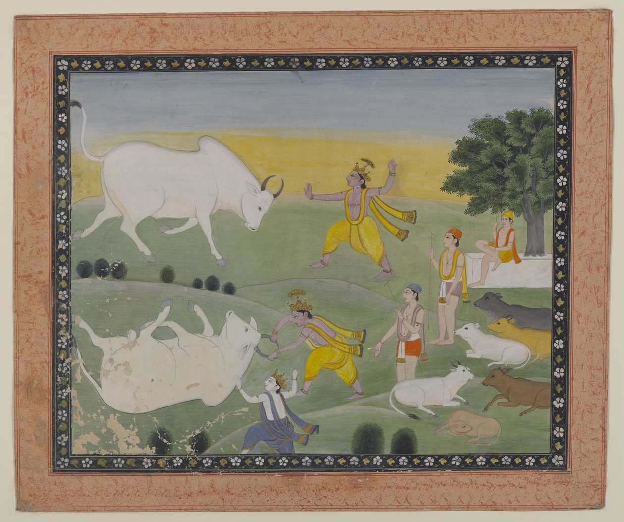 Krišna poráží býčího démona (akvarel na papíře) od Indian School