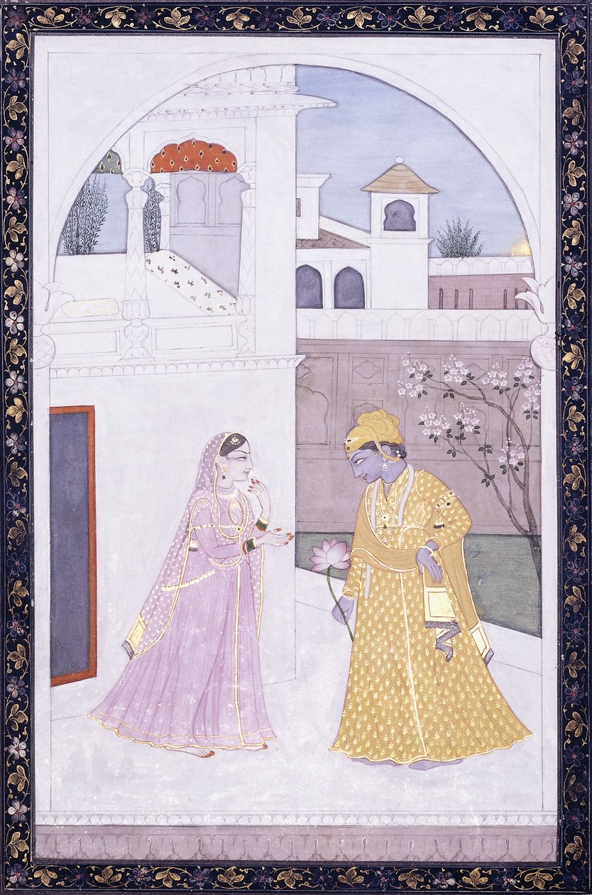 Krišna stojí a drží lotosový květ, jeho milenka v růžovém sárí, c. 1800 od Indian School