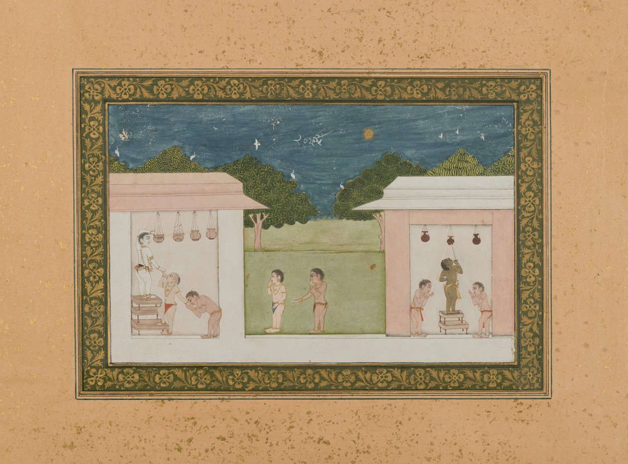 Krishna Stealing Curds, cca 1775 (neprůhledné wc a zlato na papíře) od Indian School