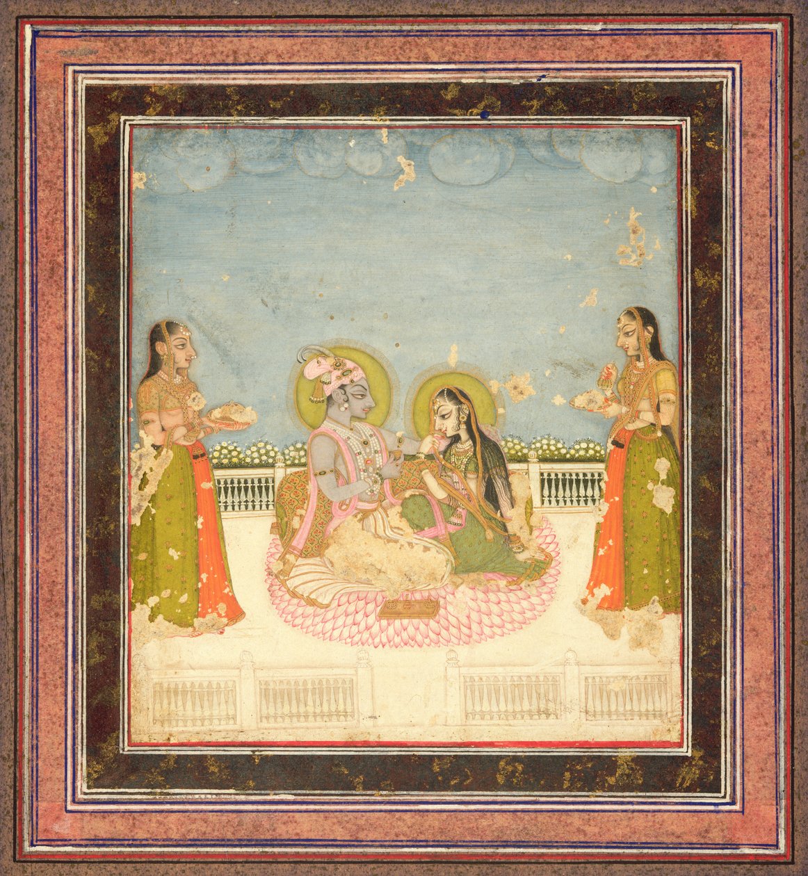 Krišna a Radha sedící na terase, kolem 1760-75 (wc, zlato a stříbro na papíře) od Indian School