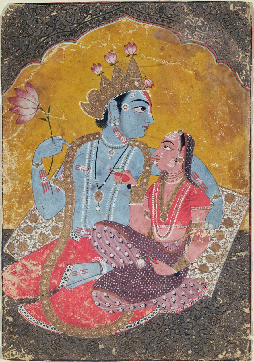 Krishna a Radha, kolem 1690-1700 (neprůhledné wc s reliéfním zlatem na papíře) od Indian School
