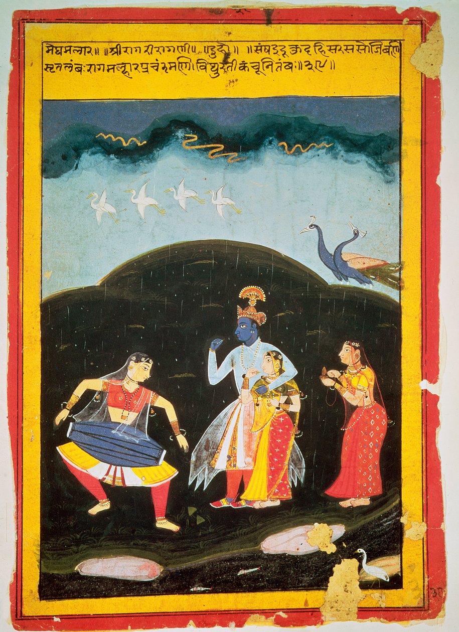 Krišna a Radha v dešti se dvěma hudebníky, Rádžastánem od Indian School