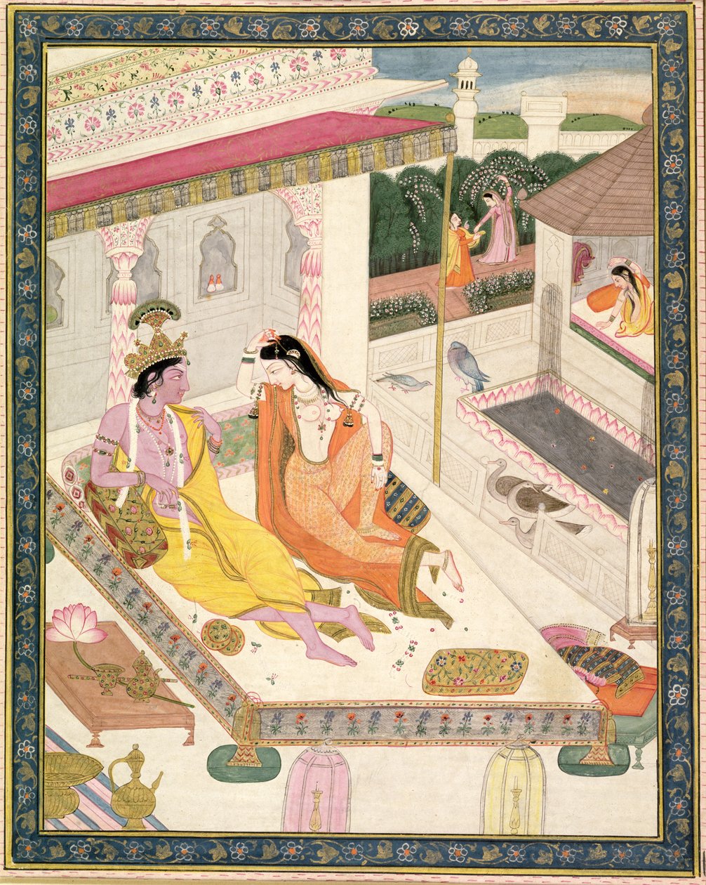Krišna a Radha na posteli v paláci Mogul, Paňdžáb, kolem roku 1860 od Indian School