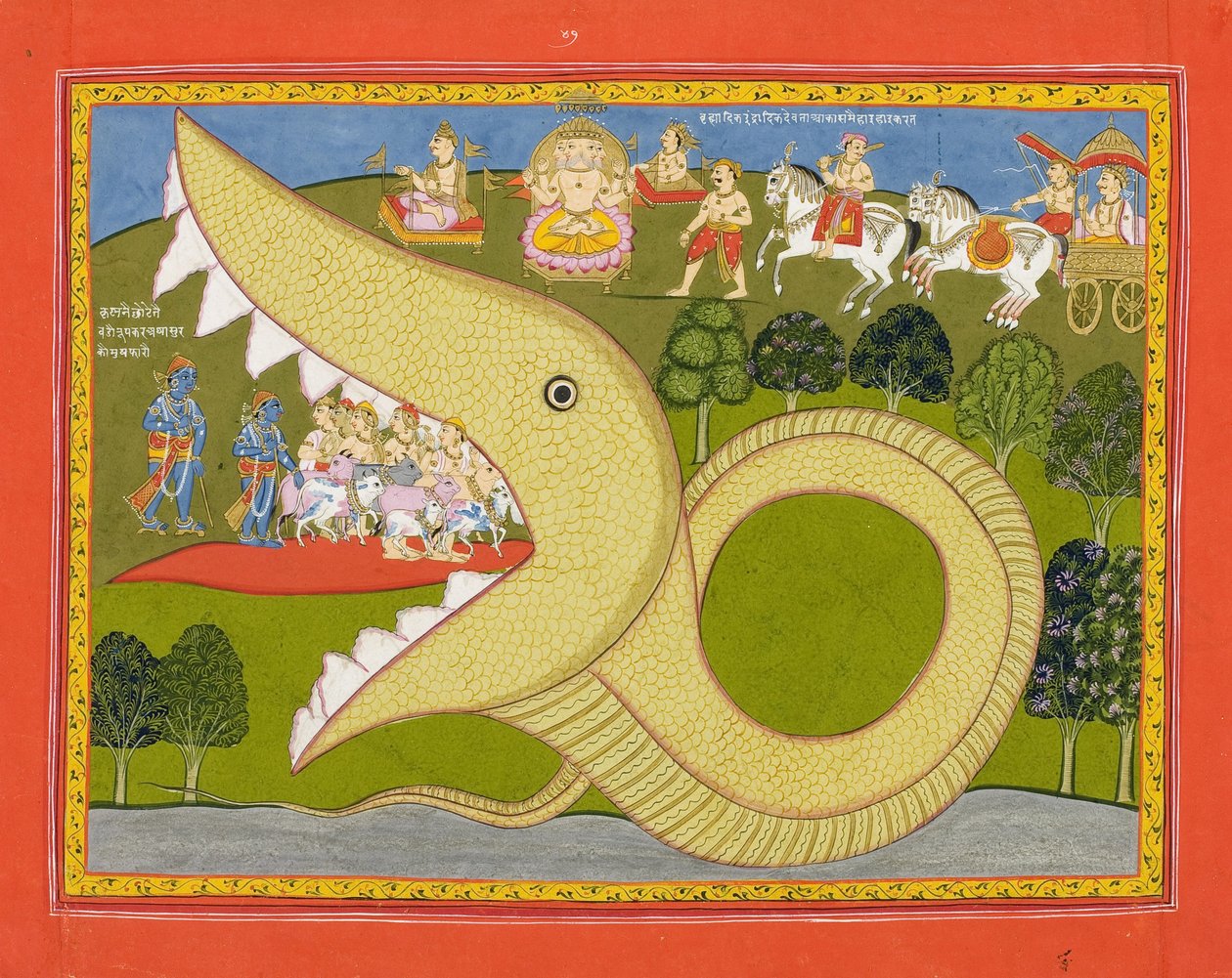 Krišna a pastevci vstoupili do úst Agasuras, kolem 1800 (neprůhledné wc a zlato na papíře) od Indian School