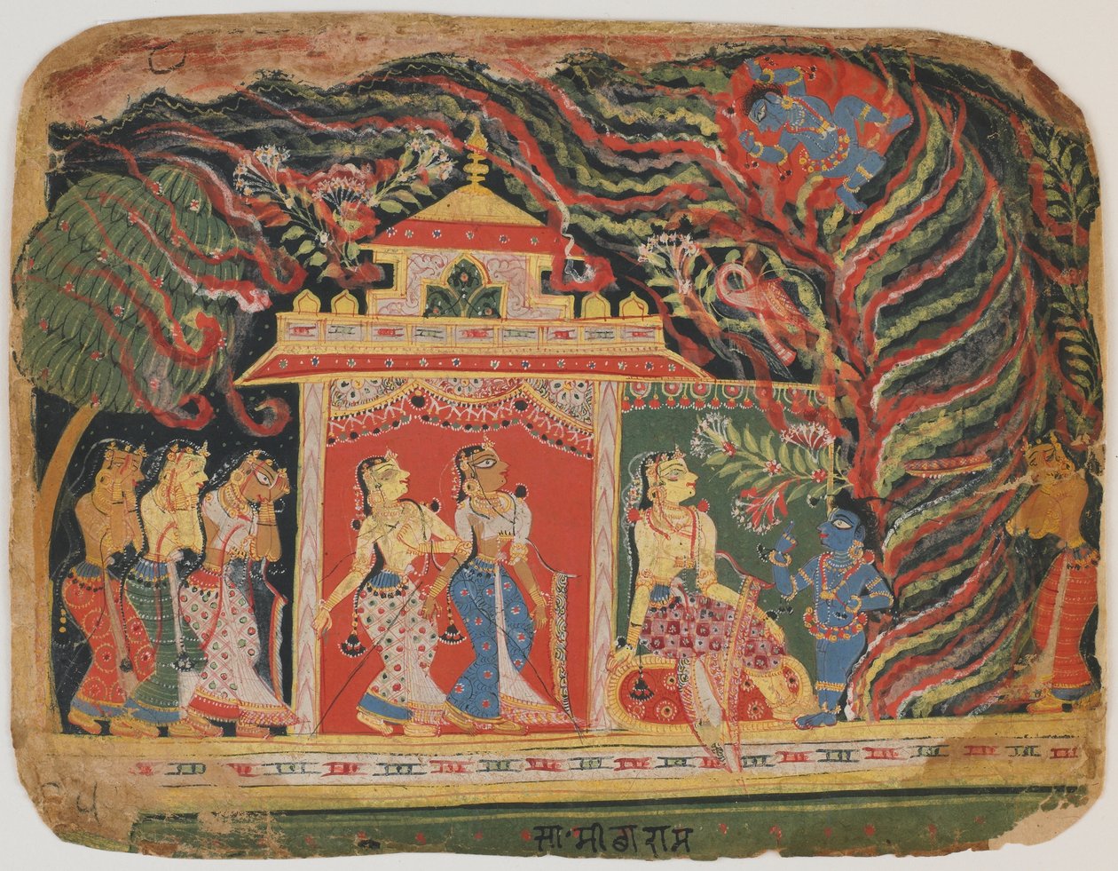 Krišnu unášel Vichřicí démon z Bhágavata Purány. c.1520-30 (neprůhledné wc na papíře) od Indian School