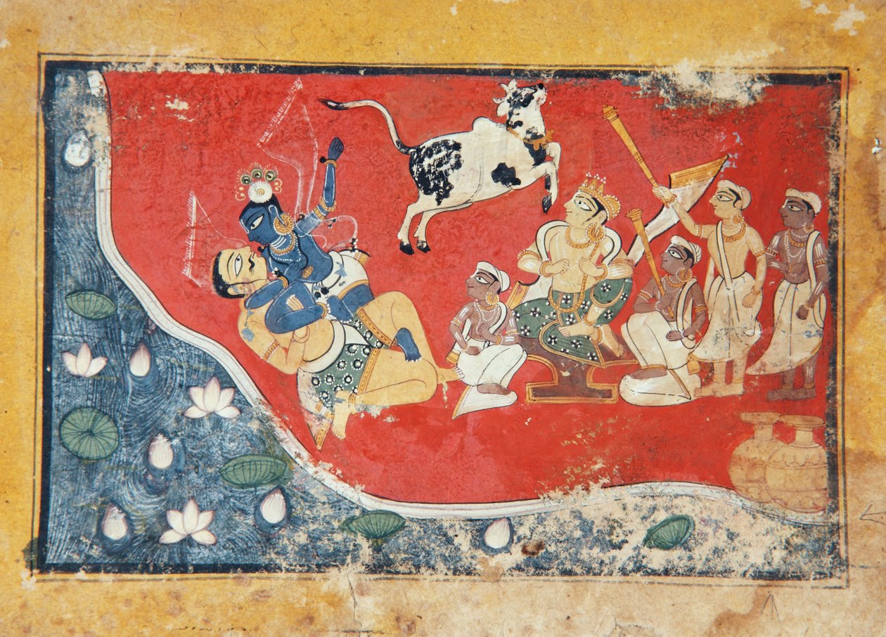 Krišna porazí démona u řeky, kolem roku 1560 (neprůhledné wc na papíře) od Indian School