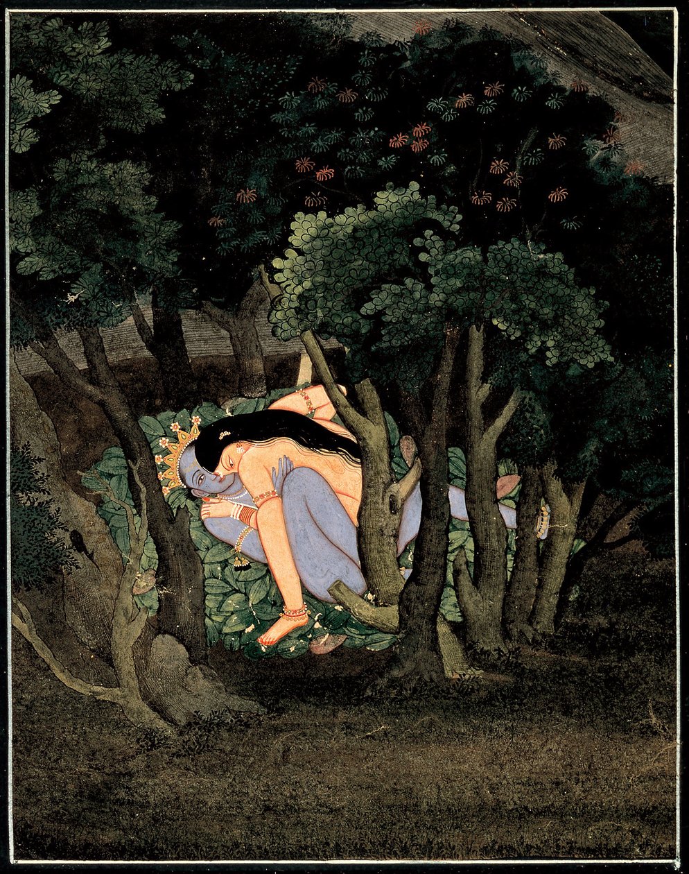 Krishna enlace par Radha (Krišna objal Radha) - indické umění, kvaš na papíře, kolem roku 1775 od Indian School