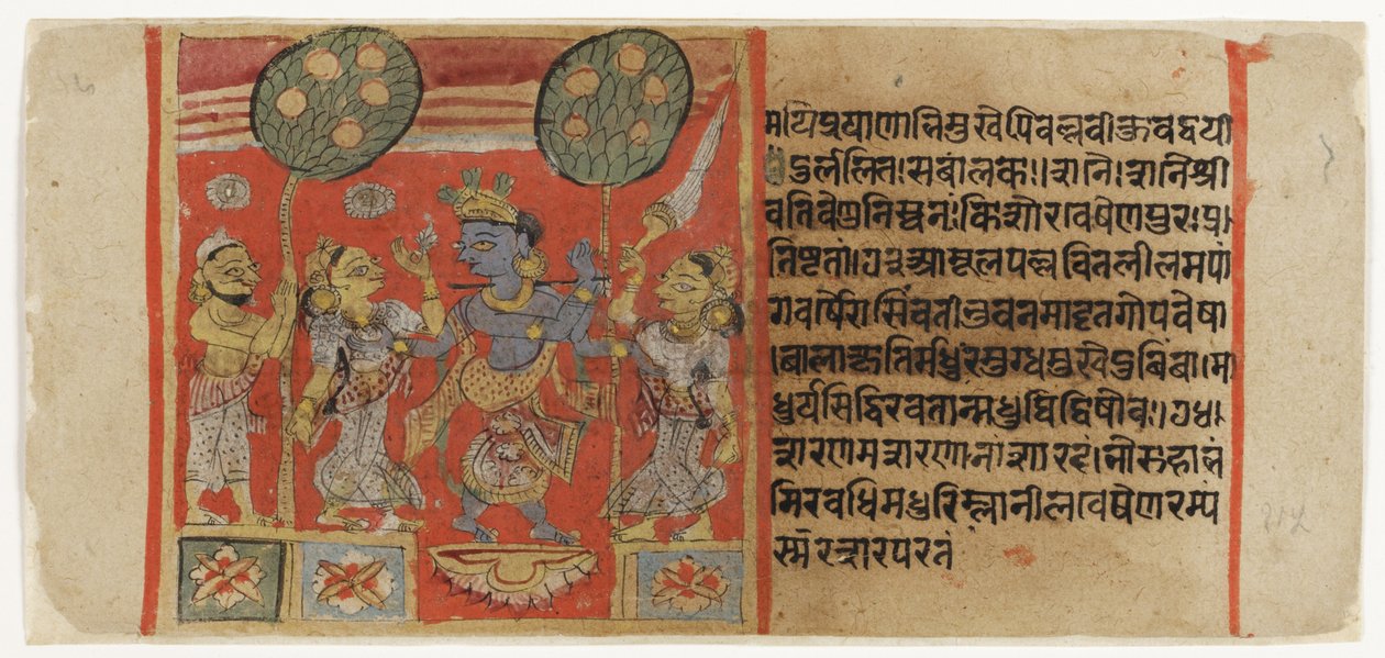 Krišna flétne před dvěma gopi, s oddaným přihlížejícím, z Balagopalastuti c.1450 (neprůhledné wc a zlato na papíře) od Indian School
