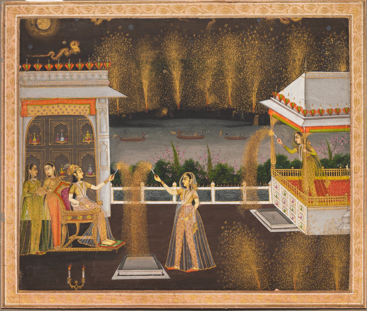 Dámy slavící Diwali, cca 1760 (neprůhledný akvarel a zlato na papíře) od Indian School