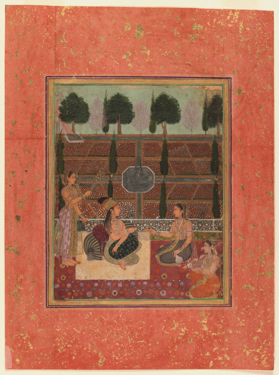 Dámy na terase, Mughalský styl, cca 1700-10 (wc na papíře se zlatými skvrnami) od Indian School
