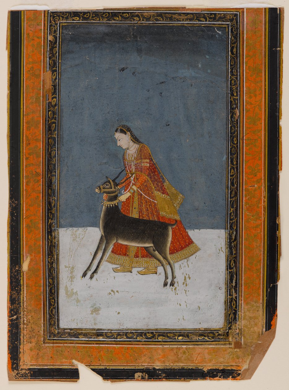 Dáma s černým dolarem, cca 1750 (wc a zlato na papíře) od Indian School