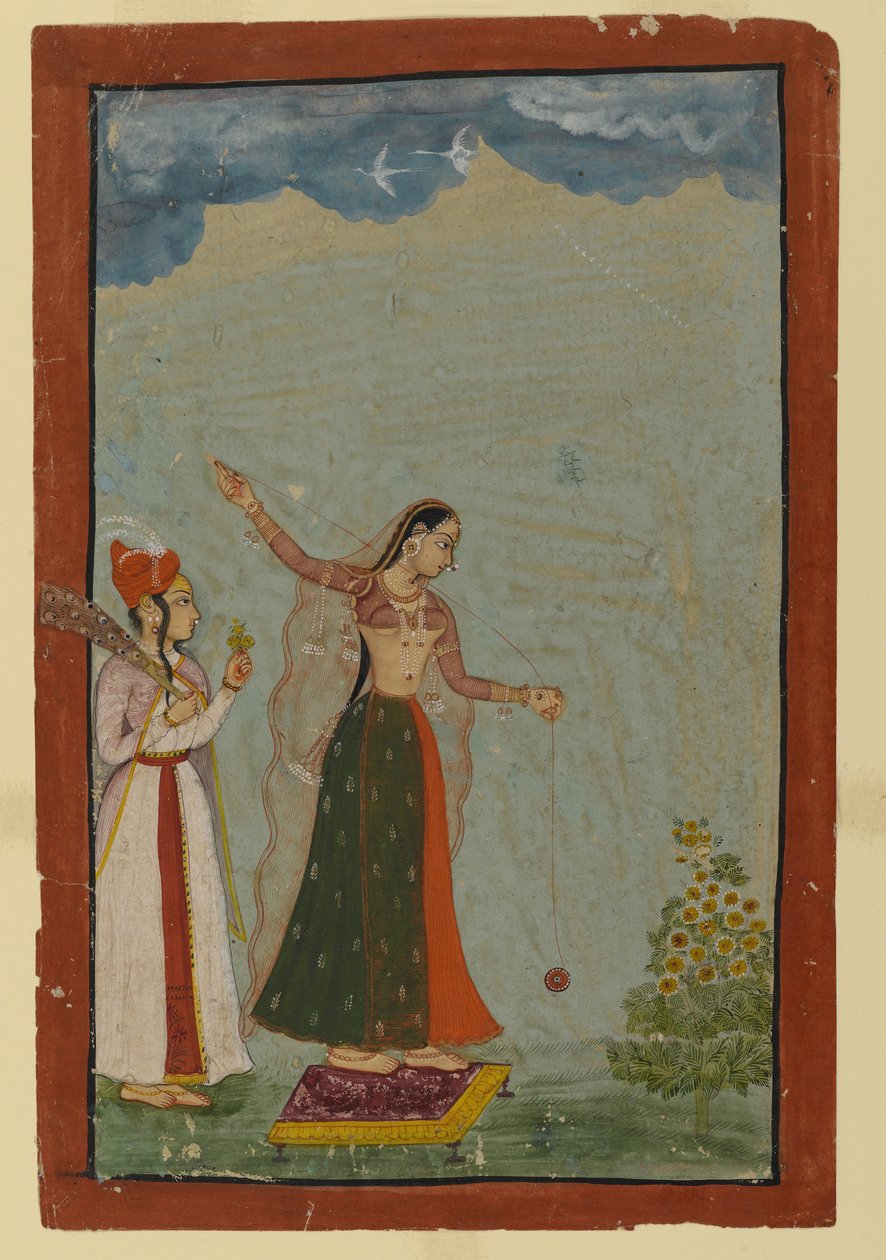 Dáma s yoyem, cca 1770 (neprůhledné wc a zlato na papíře) od Indian School