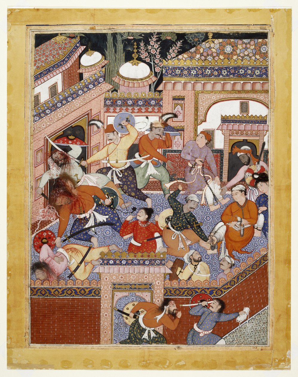 Vedení Songhurem Balkhim a Lulu the Spy, Ayyars Slit the Throats of Prison Guards and Free Said Farrukh-Nizhad, 1557-1572 (neprůhledný akvarel a zlato na bavlněné látce) od Indian School